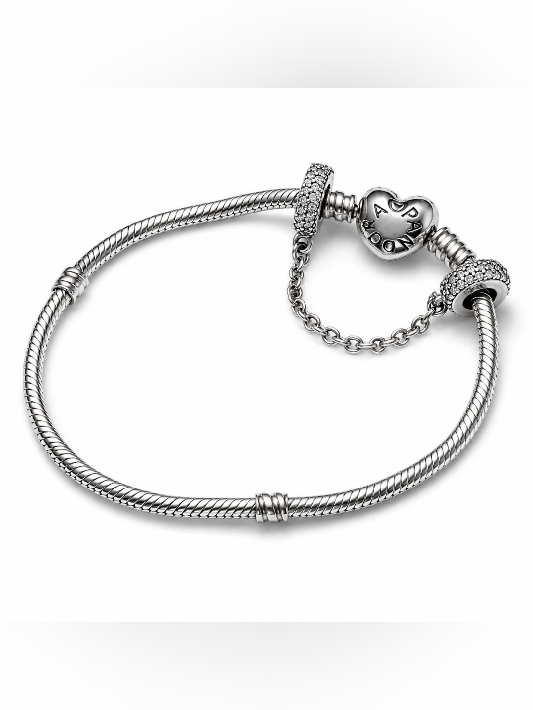 Authentic Pandora Heart Clasp Bracelet With Sparkling Pav Safety Chain S925 Ale